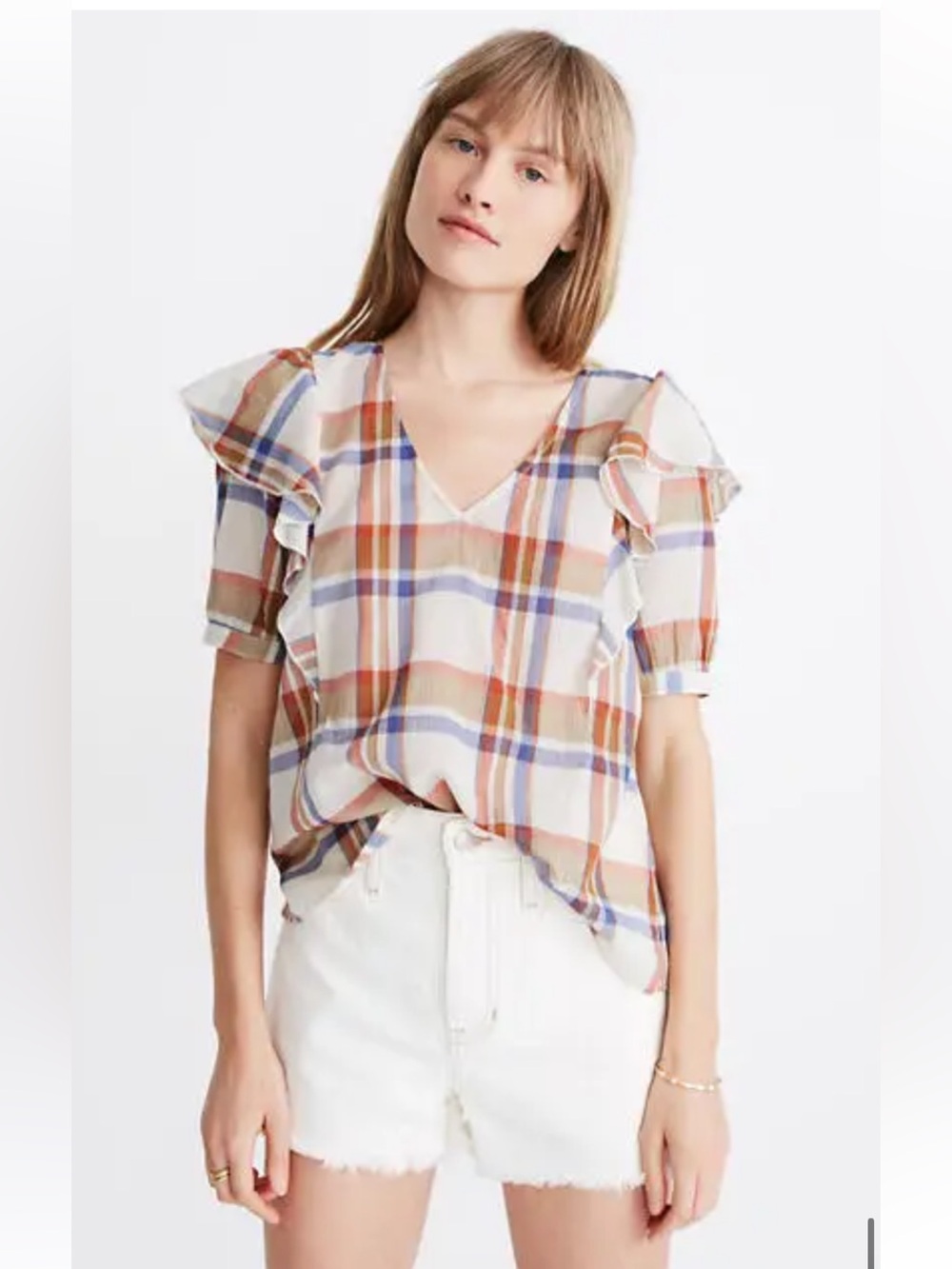 Madewell Plaid Ruffle V-Neck Top